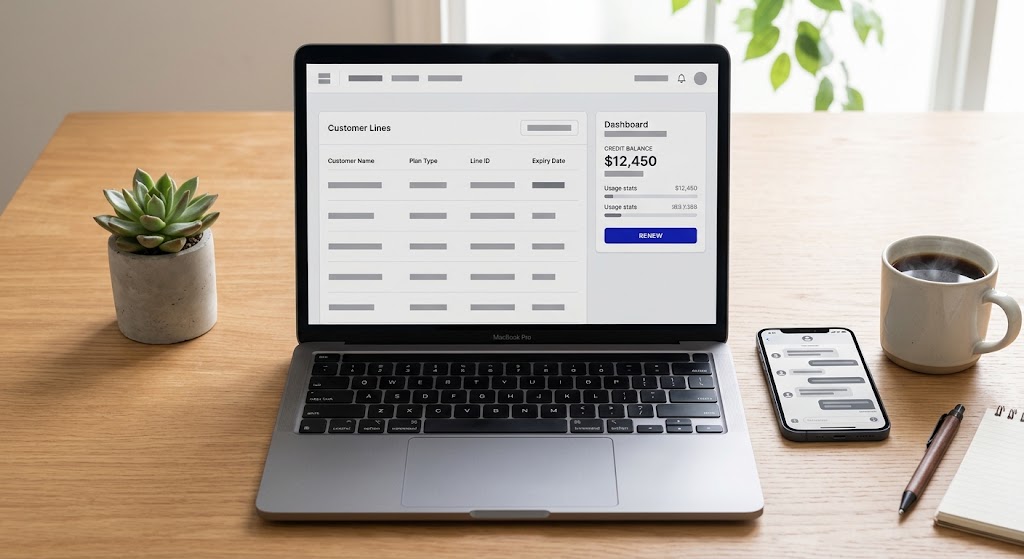 Laptop showing a reseller dashboard with customer lines, expiry dates and a credit balance