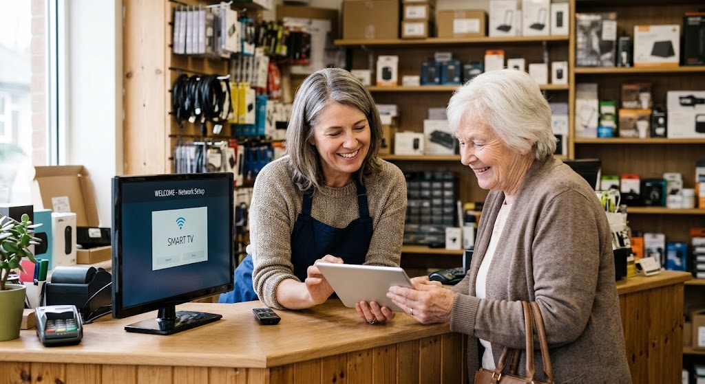 A small shop owner at a counter setting up a customer's television with a tablet