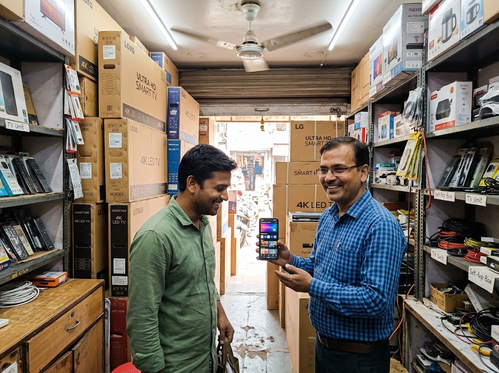 An Indian electronics shop owner showing a customer how to set up a smart TV