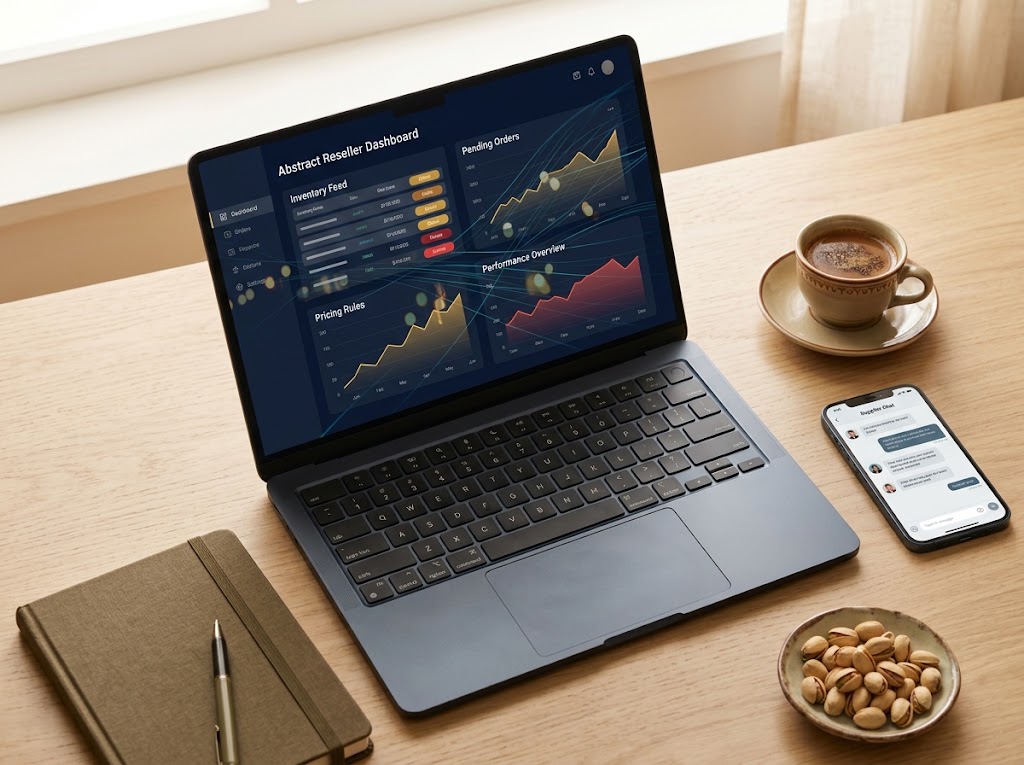 Laptop showing a reseller dashboard with customer lines and a credit balance