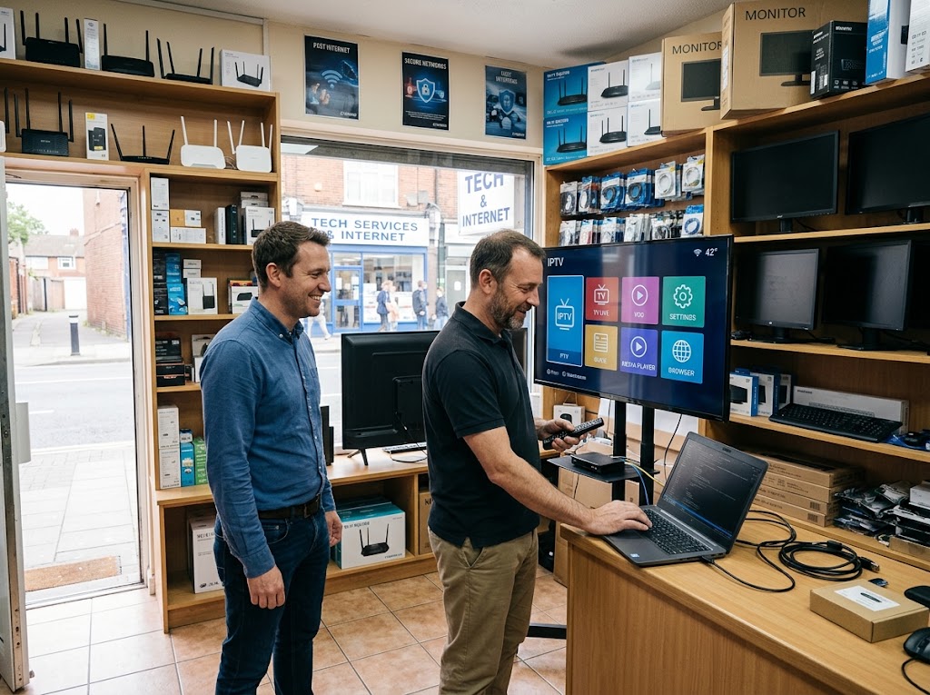A Pakistani computer shop owner setting up a smart TV for a customer