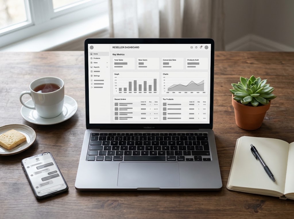 Laptop showing a reseller dashboard with customer lines and a credit balance