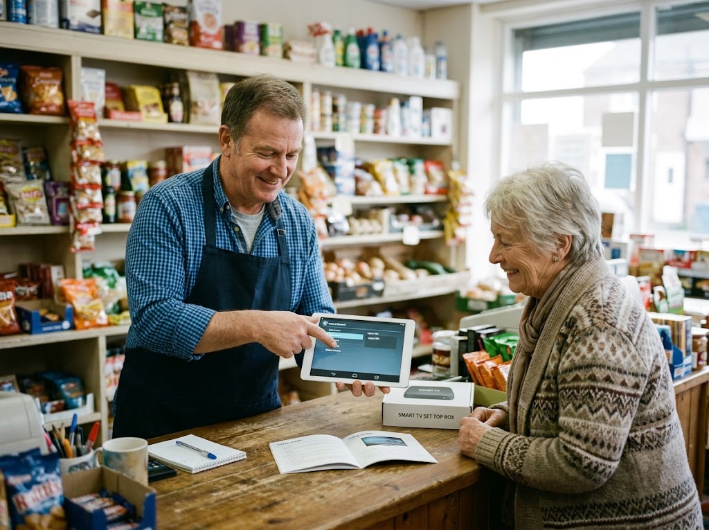 A UK corner-shop owner helping a customer set up a smart TV with a tablet