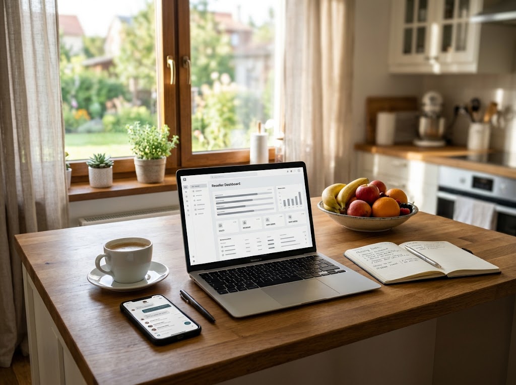Laptop showing a reseller dashboard with lines, expiry dates and credit balance