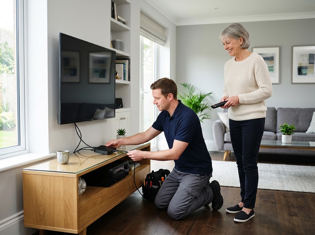 A US home-electronics installer setting up a streaming box for a customer